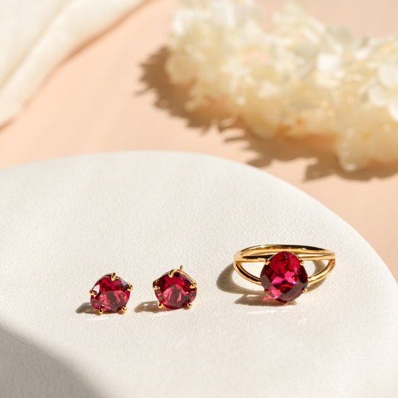 Genuine Ruby Gold Earrings, Ruby Studs Jewellery Set, Red Stone Earring Anniversary Gift, Birthday gift for her - Image 9