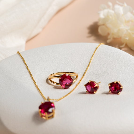 Genuine Ruby Gold Earrings, Ruby Studs Jewellery Set, Red Stone Earring Anniversary Gift, Birthday gift for her - Image 4