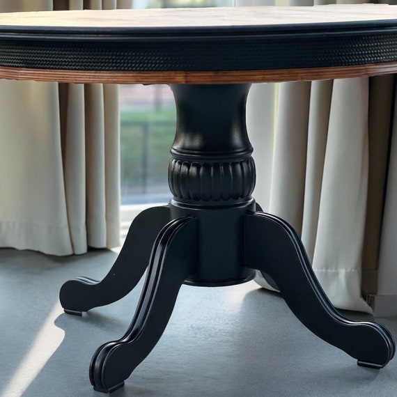 SOLD***Round Wooden Dinning Table, Rich Majahony Wood Stain with Black Accents and Pedastool Base - Image 3