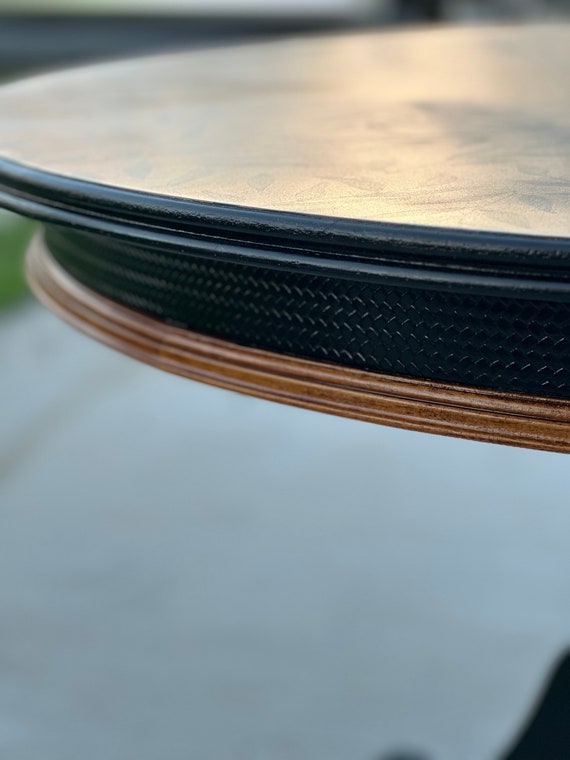 SOLD***Round Wooden Dinning Table, Rich Majahony Wood Stain with Black Accents and Pedastool Base - Image 4