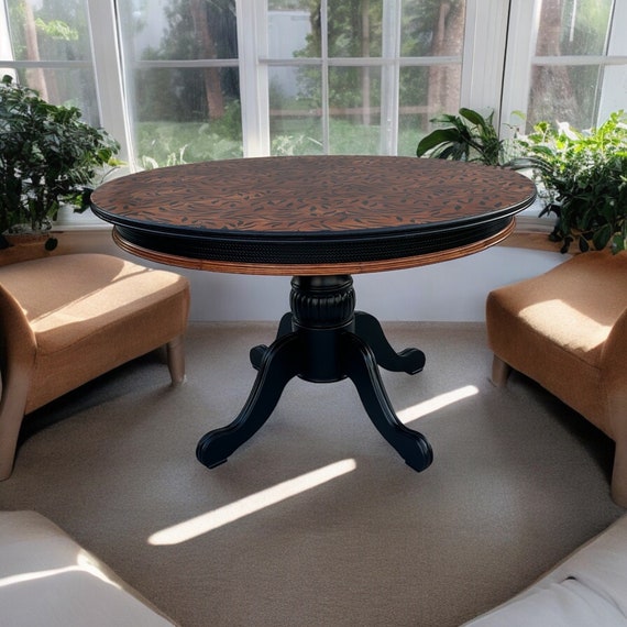SOLD***Round Wooden Dinning Table, Rich Majahony Wood Stain with Black Accents and Pedastool Base - Image 5