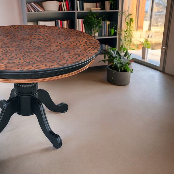 SOLD***Round Wooden Dinning Table, Rich Majahony Wood Stain with Black Accents and Pedastool Base