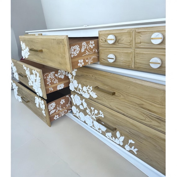 SOLD*** White and Wood Grain Dresser / 7 Drawers / Epoxy Florals - Image 2
