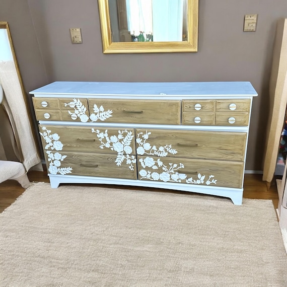 SOLD*** White and Wood Grain Dresser / 7 Drawers / Epoxy Florals