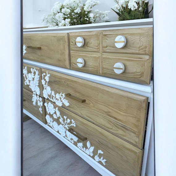 SOLD*** White and Wood Grain Dresser / 7 Drawers / Epoxy Florals - Image 3
