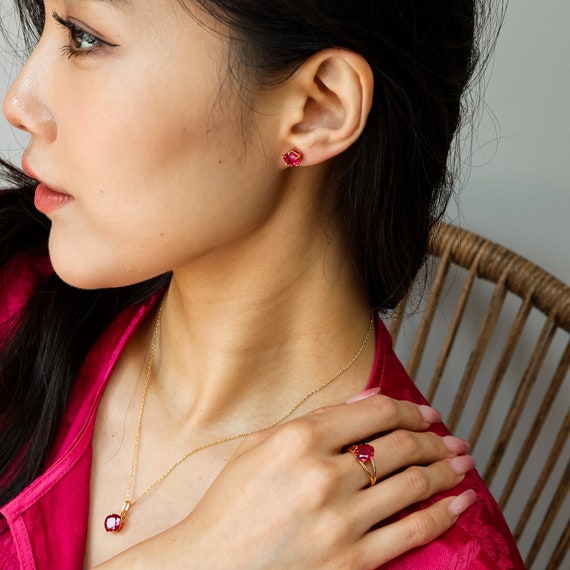 Genuine Ruby Gold Earrings, Ruby Studs Jewellery Set, Red Stone Earring Anniversary Gift, Birthday gift for her - Image 3