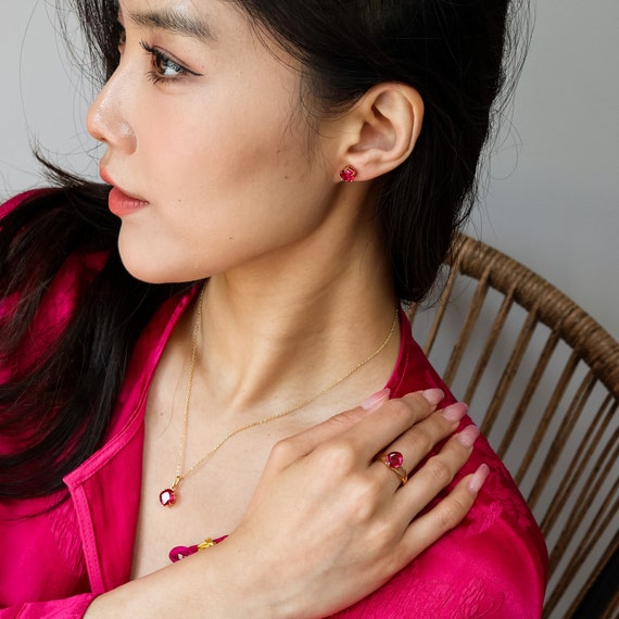 Genuine Ruby Gold Earrings, Ruby Studs Jewellery Set, Red Stone Earring Anniversary Gift, Birthday gift for her - Image 6