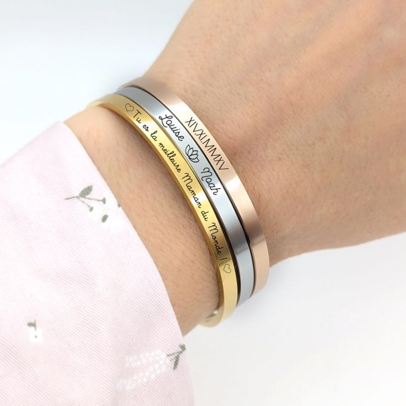 Flat bangle bracelet to personalize with engraving, Gift for Mom, Godmother, Birth, Bridesmaid jewelry, EVJF, Mother's Day gift - Image 2