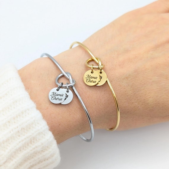 Personalized knot bangle bracelet with engraved medals, Mom gift, Godmother, EVJF jewelry, Birth gift, Mother's Day gift - Image 2