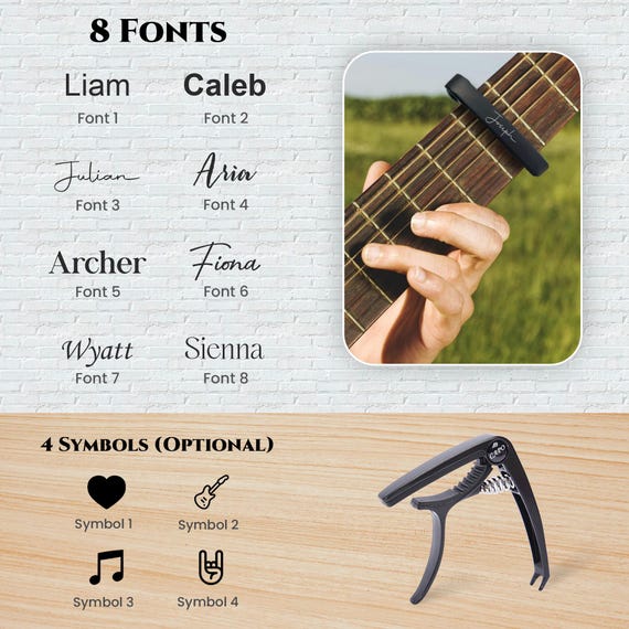 Personalized Metal Guitar Capo Engraved with Name - Music Gift for Dad Play Guitar Custom Capo with Wood Grain - Image 9