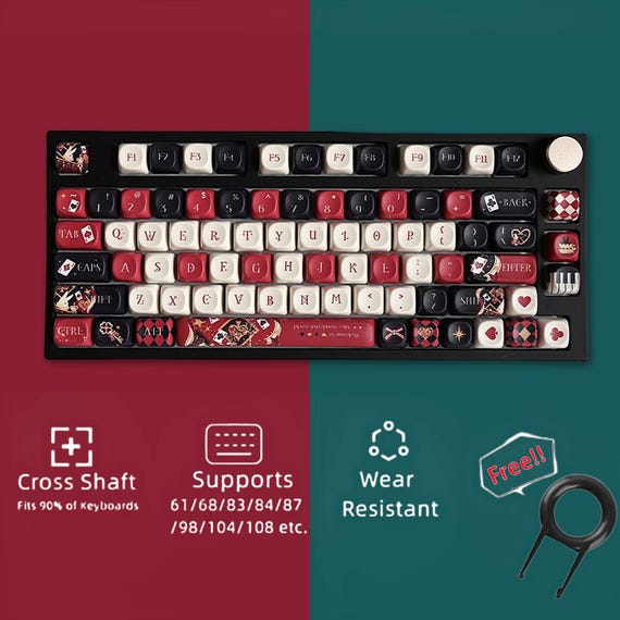 Retro Black Red Keycaps Set, Alice Anime Keycaps Set, Mechanical Keyboard Universal Keycaps, Cherry PBT 137 Artisan Keycaps