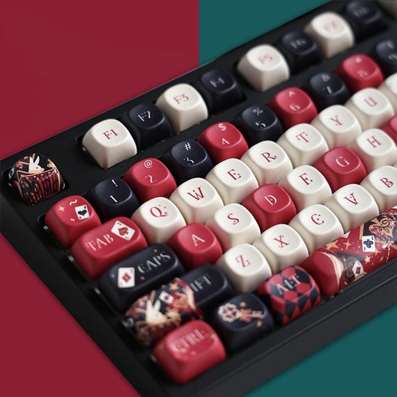 Retro Black Red Keycaps Set, Alice Anime Keycaps Set, Mechanical Keyboard Universal Keycaps, Cherry PBT 137 Artisan Keycaps - Image 4