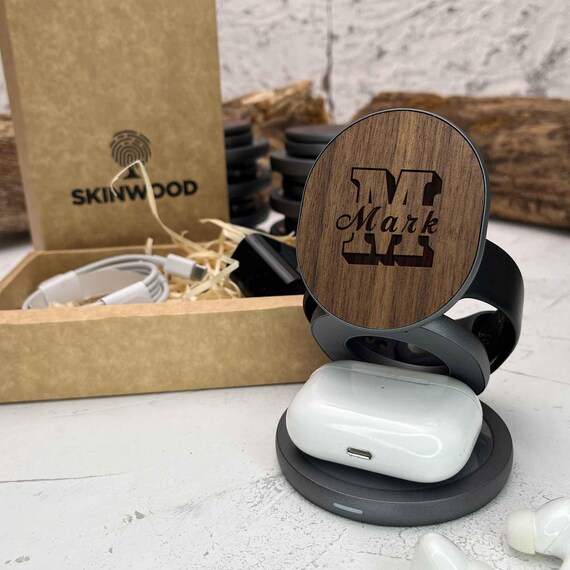 3 In 1 Wireless Charger, Practical Wood Desktop charger fast charges iPhone, AirPods, and Apple Watch. Compatible with MagSafe iPhone - Image 3