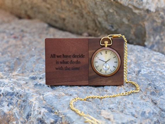 Custom Engraved Pocket Watch with Personalized Watch Stand, Wooden Watch, Perfect 1-Year Anniversary & 21st Birthday Gift for Him