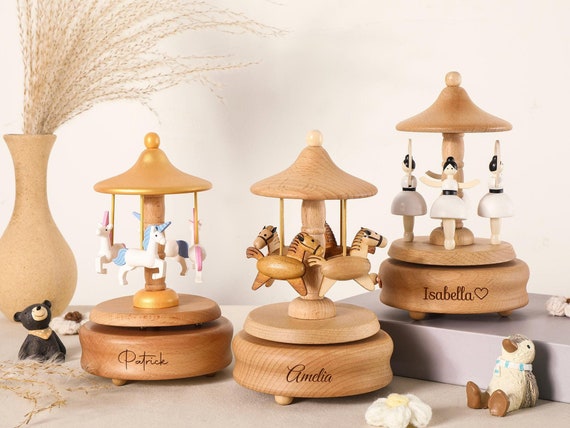 Musical Wooden Ballerina Carousel Keepsake,Engraved Name Music Box,Personalized Wooden Train Music Box,Baby Shower Gift,Newborn Gifts
