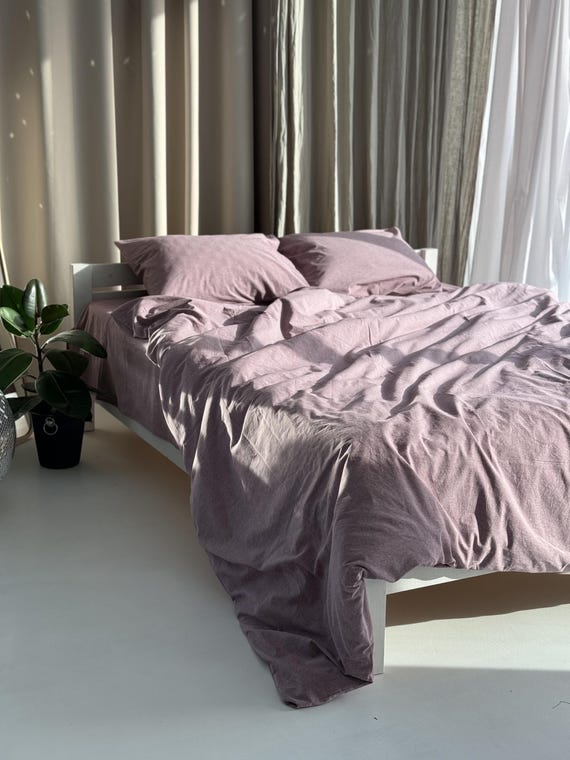 Dusty Rose Cotton Fitted Sheet with Elastic, Handmade Bed Sheet and Pillow Case, Natural Breathable Bedding Set - Image 3