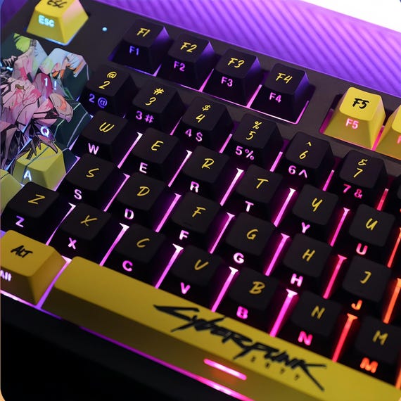 Cyberpunk&Edgerunners Keycaps, Dual Legends (Top + Side Print), 124 Keys PBT ASA Profile, Neon Aesthetic, Artisan Mechanical Keycaps - Image 4