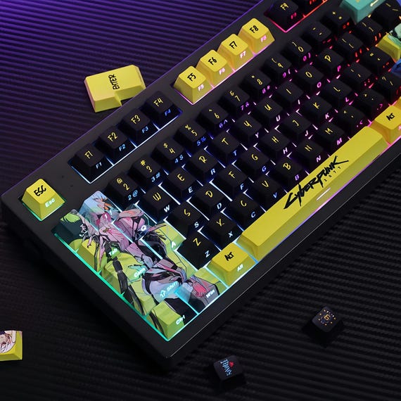 Cyberpunk&Edgerunners Keycaps, Dual Legends (Top + Side Print), 124 Keys PBT ASA Profile, Neon Aesthetic, Artisan Mechanical Keycaps