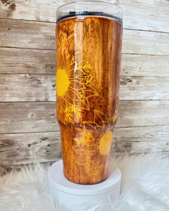 Wood grain effect Glitter Sunflowers Epoxy Resin Personalized/Custom Tumbler/Sports bottle, Travel Mug/Cup Ready to Ship 30oz Grippy tumbler - Image 3