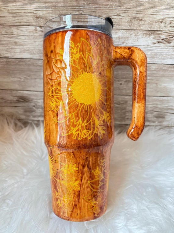 Wood grain effect Glitter Sunflowers Epoxy Resin Personalized/Custom Tumbler/Sports bottle, Travel Mug/Cup Ready to Ship 30oz Grippy tumbler - Image 4