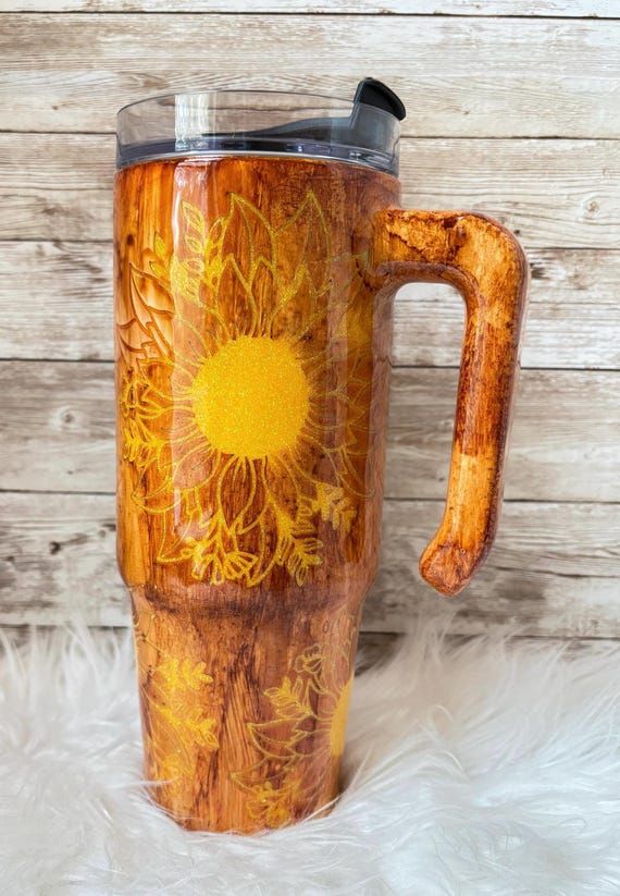 Wood grain effect Glitter Sunflowers Epoxy Resin Personalized/Custom Tumbler/Sports bottle, Travel Mug/Cup Ready to Ship 30oz Grippy tumbler