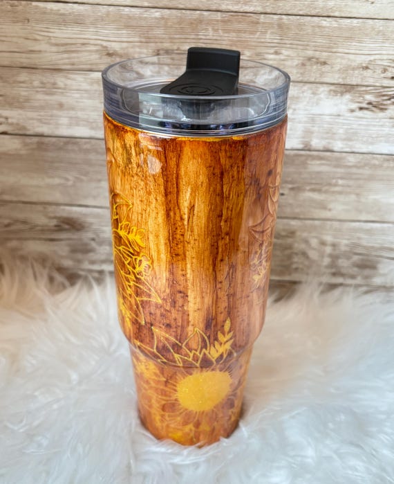 Wood grain effect Glitter Sunflowers Epoxy Resin Personalized/Custom Tumbler/Sports bottle, Travel Mug/Cup Ready to Ship 30oz Grippy tumbler - Image 2