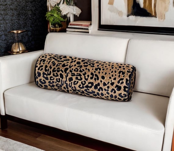 Luxurious Cheetah Velvet Piping Decorative Bolster Pillow Cover-Anniversary Gift-Bedroom decor-Elegance Home Decor-Handcrafted Roll Pillow