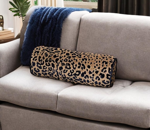 Luxurious Cheetah Velvet Piping Decorative Bolster Pillow Cover-Anniversary Gift-Bedroom decor-Elegance Home Decor-Handcrafted Roll Pillow - Image 3