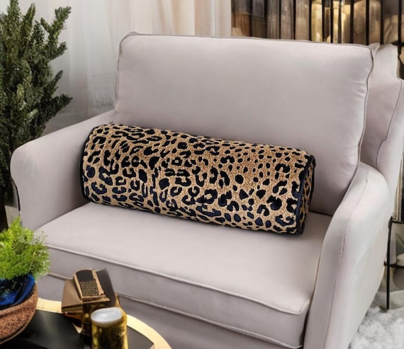 Luxurious Cheetah Velvet Piping Decorative Bolster Pillow Cover-Anniversary Gift-Bedroom decor-Elegance Home Decor-Handcrafted Roll Pillow - Image 4