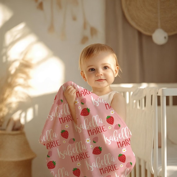 Personalized Strawberry Blanket, Custom Baby Name Blanket, Pink Girl Nursery Decor, Gift for Baby Girl, Cute Kids Blanket, Toddler Blanket - Image 9