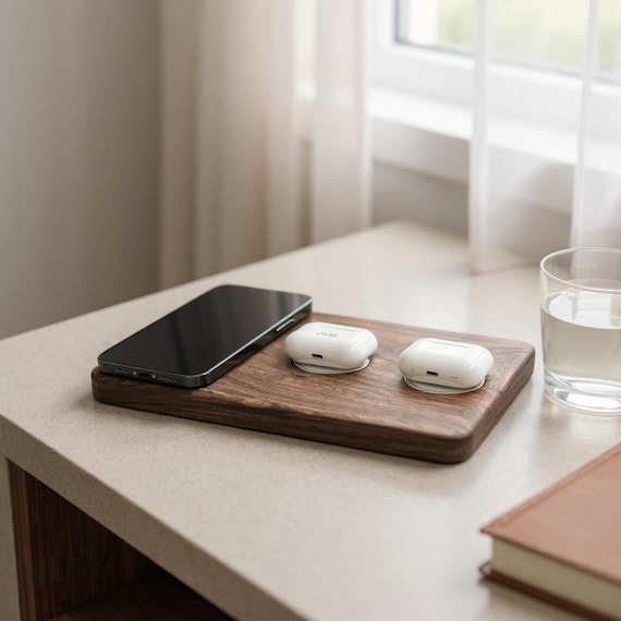 Triple MagSafe Charging Station: Solid Wood iPhone & Android Dock