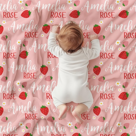 Personalized Strawberry Blanket, Custom Baby Name Blanket, Pink Girl Nursery Decor, Gift for Baby Girl, Cute Kids Blanket, Toddler Blanket - Image 2