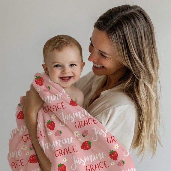 Personalized Strawberry Blanket, Custom Baby Name Blanket, Pink Girl Nursery Decor, Gift for Baby Girl, Cute Kids Blanket, Toddler Blanket - Image 8