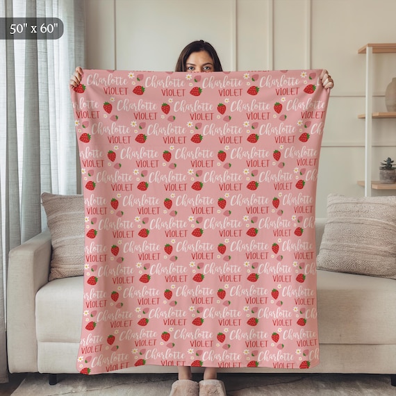 Personalized Strawberry Blanket, Custom Baby Name Blanket, Pink Girl Nursery Decor, Gift for Baby Girl, Cute Kids Blanket, Toddler Blanket - Image 6