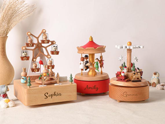 Musical Wooden Ballerina Carousel Keepsake,Engraved Name Music Box,Personalized Wooden Train Music Box,Baby Shower Gift,Newborn Gifts - Image 3