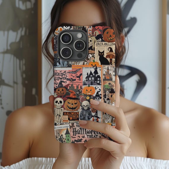 Retro Scary Halloween Phone Case Vintage Style Collage for iPhone 16 15 14 Pro Max Samsung S24 S23