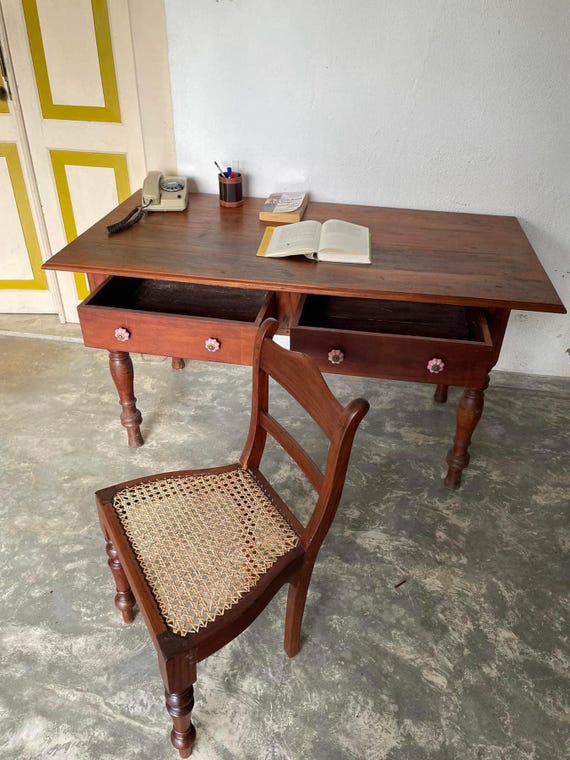 Vintage Two Drawer Writing Desk with Chair in Jak Wood – Rustic Home Office Furniture - Image 5