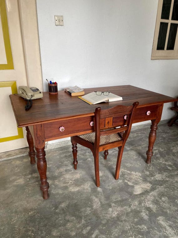 Vintage Two Drawer Writing Desk with Chair in Jak Wood – Rustic Home Office Furniture - Image 2