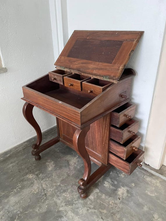 Vintage Burma Teak Davenport Desk: Antique Writing Secretary Table