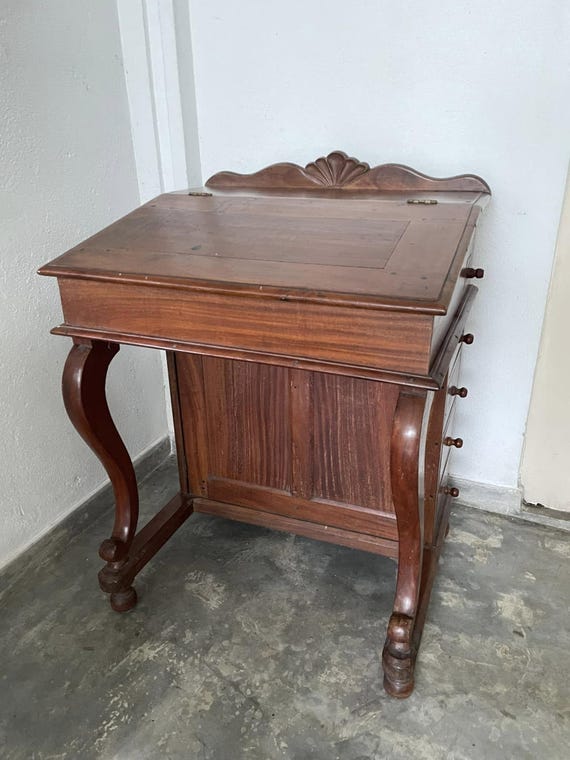 Vintage Burma Teak Davenport Desk: Antique Writing Secretary Table - Image 8
