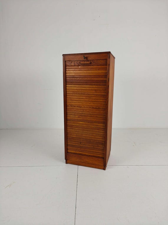 Vintage Dutch Oak Tambour Cabinet: Roll Top Filing Cabinet with Key - Image 2
