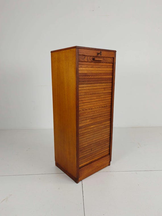 Vintage Dutch Oak Tambour Cabinet: Roll Top Filing Cabinet with Key - Image 3