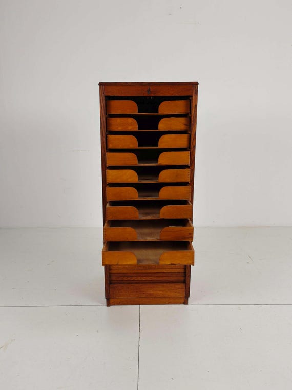 Vintage Dutch Oak Tambour Cabinet: Roll Top Filing Cabinet with Key - Image 5