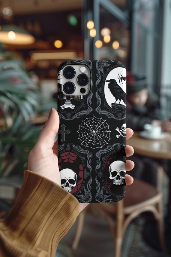 Gothic Halloween Phone Case: Haunted House, Raven & Spiderweb - Image 4