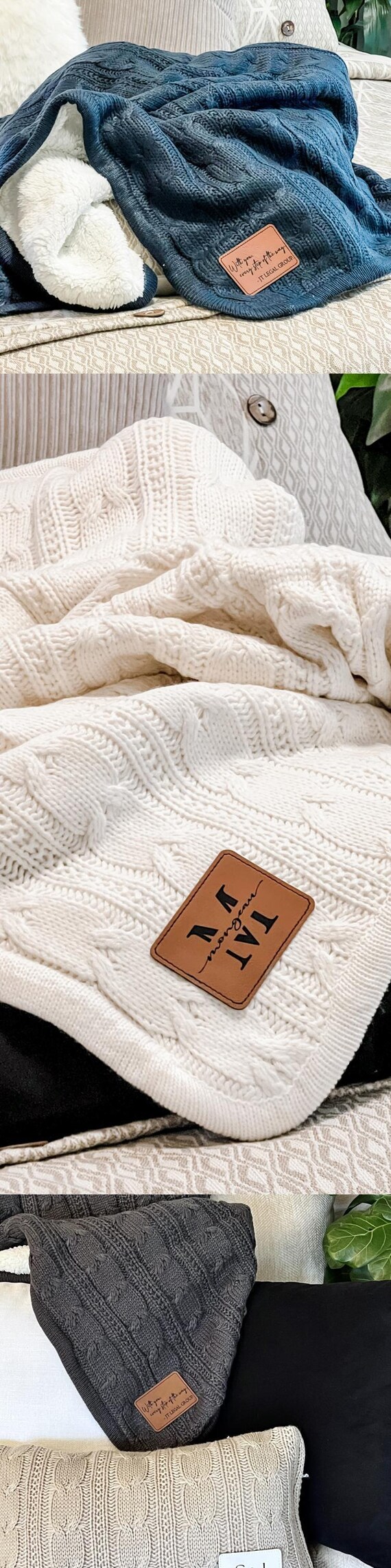 Personalized Cable Knit Sherpa Throw Blanket: Custom Monogram Patch - Image 8