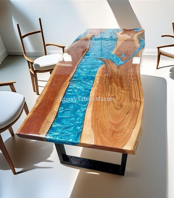 Handmade Blue Epoxy River Dining Table – Live Edge Wood Resin Table, Modern Rustic Furniture, Custom Epoxy Luxury Ocean Epoxy Resin Table |