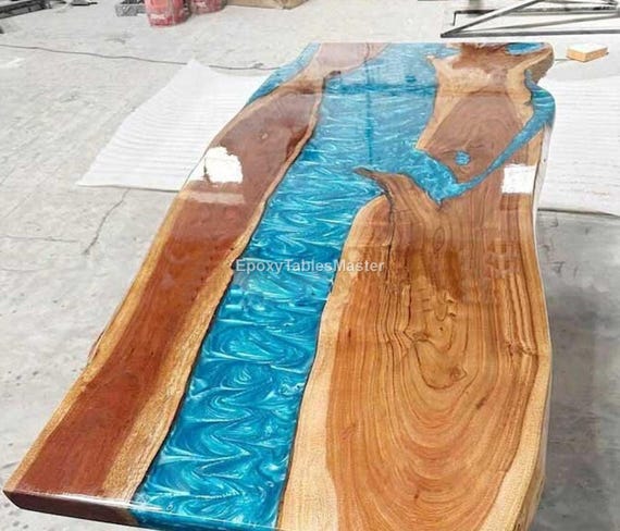 Handmade Blue Epoxy River Dining Table – Live Edge Wood Resin Table, Modern Rustic Furniture, Custom Epoxy Luxury Ocean Epoxy Resin Table | - Image 2