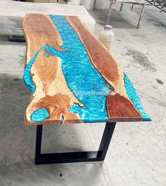 Handmade Blue Epoxy River Dining Table – Live Edge Wood Resin Table, Modern Rustic Furniture, Custom Epoxy Luxury Ocean Epoxy Resin Table | - Image 3