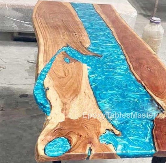 Handmade Blue Epoxy River Dining Table – Live Edge Wood Resin Table, Modern Rustic Furniture, Custom Epoxy Luxury Ocean Epoxy Resin Table | - Image 9