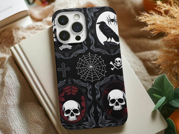 Gothic Halloween Phone Case: Haunted House, Raven & Spiderweb